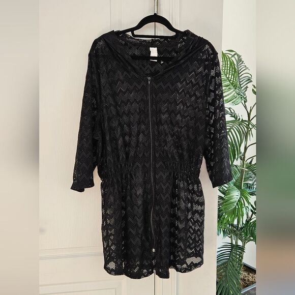 Black Lace Hooded Zip Up Top/ Swim Cover-Up - Picture 1 of 5